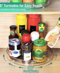9.5-inch lazy Susan turntable from 2 Pack Nine Point Five Inch Lazy Susan Turntables For Cabinet Pantry Refrigerator Organizer Non Slip 360 Degree Spin Storage Shelves Easy Reach For Kitchen Counter Closet Drawer Grab And Go Cans Bottles Jars holding assorted bottles and jars with easy access.