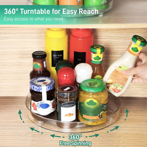 Four Pack Slick 9.5 Inch Lazy Susan Turntable Organizer with condiments on a rotating tray for easy pantry access.