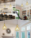 Gold Pendant Light Fixture With Adjustable Rope For E26 Bulbs in kitchen, living room, and hallway settings, industrial style.