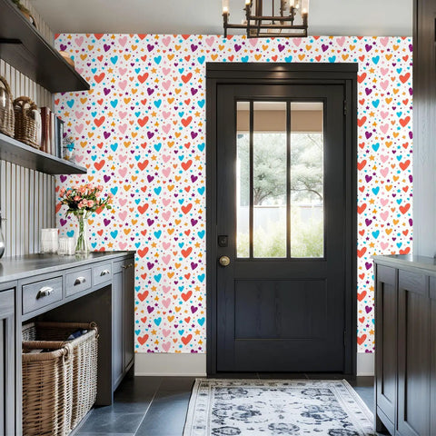 Heart And Star Romance Pattern Peel And Stick Wallpaper Removable Self Adhesive Wall Covering on kitchen wall with flowers.