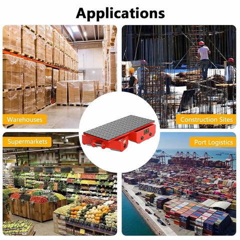 Heavy Duty Non Slip Machinery Moving Skates Featuring 180 Degree Swivel Steering for use in warehouses, supermarkets, and construction sites.