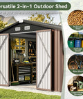 8x12 Ft Outdoor Metal Shed Built Tough For Everyday Yard Gear With Open Firewood Bay And Lockable Doors, front view with tools inside
