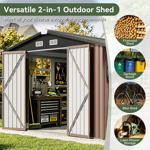 8x12 Ft Outdoor Metal Shed Built Tough For Everyday Yard Gear With Open Firewood Bay And Lockable Doors, front view with tools inside