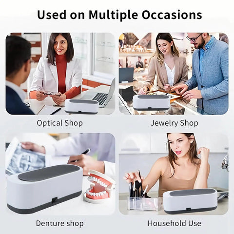 Ultrasonic Cleaner for Glasses Jewelry and Dentures Portable Small Desktop Machine in use at optical, jewelry, and denture shops