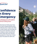 QuikClot Advanced Clotting Gauze ad; left logo, right hiker with child in backpack on mountain trail.
