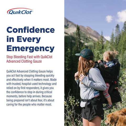 QuikClot Advanced Clotting Gauze ad; left logo, right hiker with child in backpack on mountain trail.