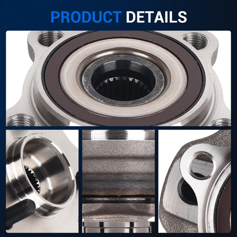 Close-up of rear wheel bearing hub assembly compatible with Toyota Highlander 2014 2020 Sienna 2021 2023 and Lexus RX350 RX350L RX450h RX450hL AWD 5 lug with ABS sensor pair go to premium bolt on direct fit replacement, showing metal construction and grooves.