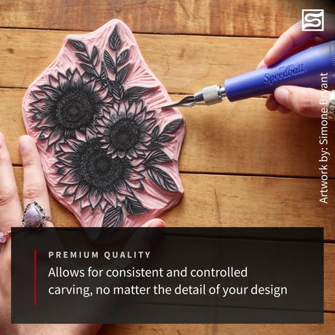 Linocut Cutter Kit 6 Pack With 5 Interchangeable Blades in use for detailed carving on linoleum block with floral design.