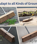 Heavy Duty 18 Inch Push Broom With Rock Solid Wooden Base And Extended Handle For Garage Sweeping And Driveway Cleanup on various surfaces.