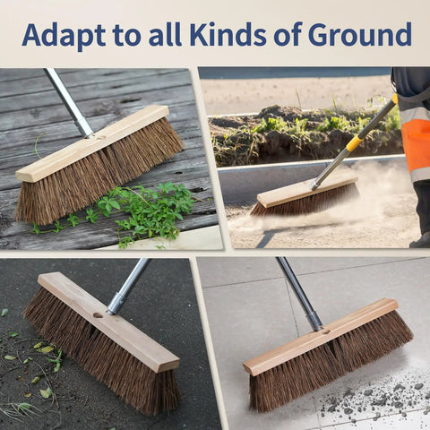 Heavy Duty 18 Inch Push Broom With Rock Solid Wooden Base And Extended Handle For Garage Sweeping And Driveway Cleanup on various surfaces.