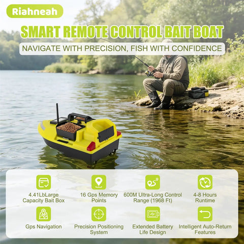 Beast GPS Fishing Bait Boat With 12000mAh Battery, 1640ft Remote Range RC Boat, Triple Bins, Angler at Lake in Background