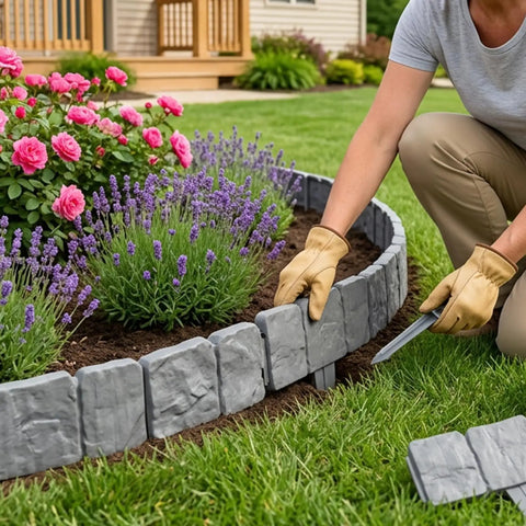 Person installing Interlocking Faux Stone Garden Edging Border Kit Easy Install Plastic Landscape Border For Yard Flower Beds And Lawn Weather-Resistant 30 Pack Included