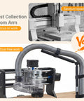 Tool Free Clamp On Dust Collection Boom Arm And Vacuum Hose Mount For Desktop CNC Machines, Table Saws with clear hose attachment.