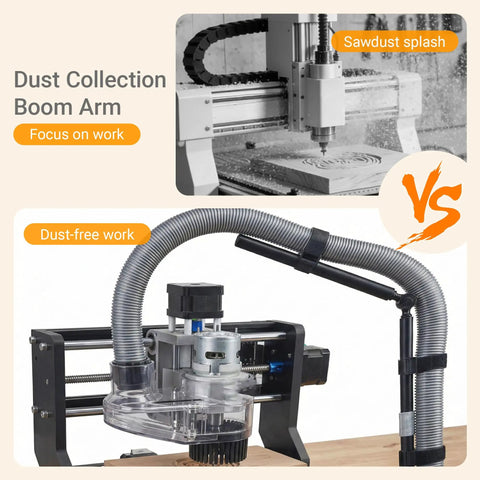 Tool Free Clamp On Dust Collection Boom Arm And Vacuum Hose Mount For Desktop CNC Machines, Table Saws with clear hose attachment.