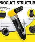 Heavy Duty Pneumatic Die Grinder Kit showing product structure including aluminum alloy body, air inlet filter, and clamp nut.