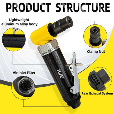 Heavy Duty Pneumatic Die Grinder Kit showing product structure including aluminum alloy body, air inlet filter, and clamp nut.