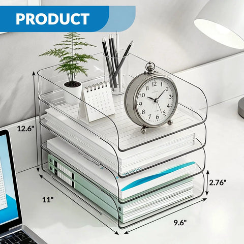 Clear Acrylic 4 Tier Desk Organizer Stand for A4 and Letter papers with clock and stationery, vertical storage rack