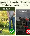 Comparison of using Heavy Duty Garden Hoe With 60 Inch Adjustable Long Handle for reduced back strain, showing ergonomic design.