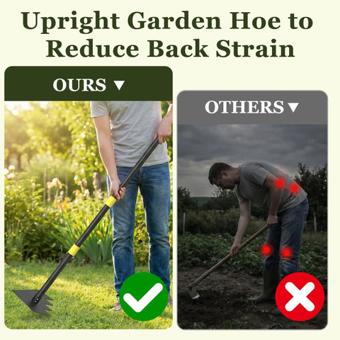 Comparison of using Heavy Duty Garden Hoe With 60 Inch Adjustable Long Handle for reduced back strain, showing ergonomic design.