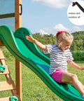 Child sliding down green playground slide next to ladder; overlay image of 2 Pack Gate Handle 7.6 Inch Carbon Steel Sliding Barn Door Pulls With Screws