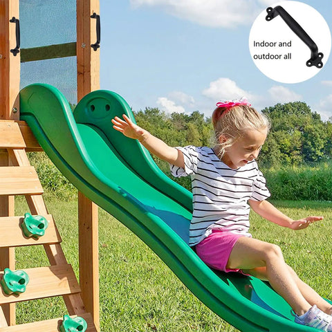 Child sliding down green playground slide next to ladder; overlay image of 2 Pack Gate Handle 7.6 Inch Carbon Steel Sliding Barn Door Pulls With Screws