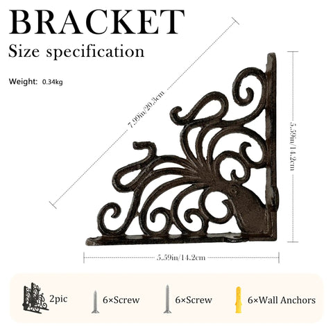Badass Octopus Cast Iron Shelf Brackets 2 Pack, 5.18 Inch Decorative L Brackets detailed size specifications image.