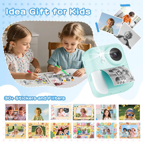 Kids Instant Print Camera 1080P Digital Camera With Built In Printer Shoot Photos And Videos Prints In Five Color Options Kid Friendly Easy To Use Perfect Gift For Young Photographers And Crafty Keepsakes On The Go, mint camera with printed photos