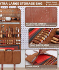 All In One Leatherworking Tool Kit With Cutting Mats Apron Stamping Engraving Punching Sewing And Sanding Tools neatly organized in a storage bag.
