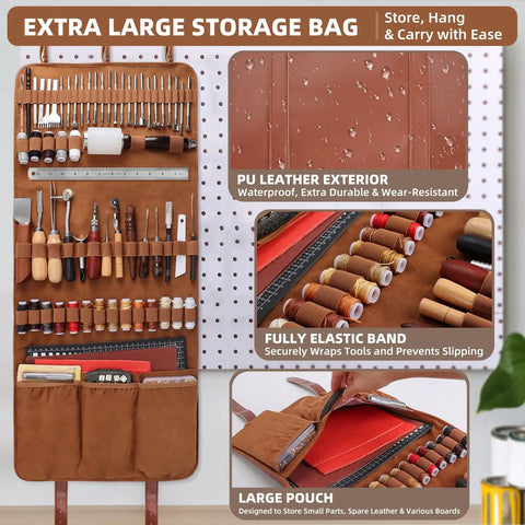 All In One Leatherworking Tool Kit With Cutting Mats Apron Stamping Engraving Punching Sewing And Sanding Tools neatly organized in a storage bag.