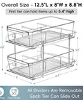 Diagram of Two Tier Clear Organizer With Dividers For Kitchen Pantry Medicine Cabinet Bathroom Vanity And Under Sink Slide Out Storage Bin For Countertop Or Cabinet Multiuse See Through Organizer Keeps It Neat with dimensions and removable dividers.