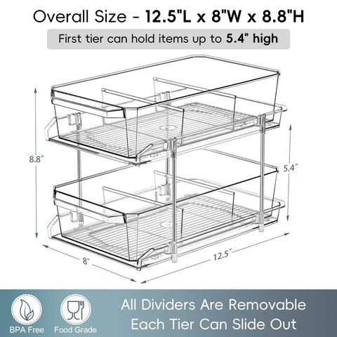 Diagram of Two Tier Clear Organizer With Dividers For Kitchen Pantry Medicine Cabinet Bathroom Vanity And Under Sink Slide Out Storage Bin For Countertop Or Cabinet Multiuse See Through Organizer Keeps It Neat with dimensions and removable dividers.