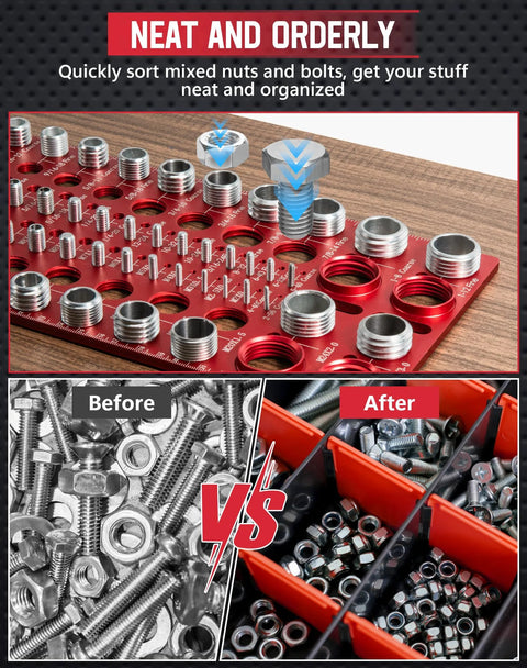 Front view of red 56-thread bolt gauge board with SAE and metric sizes and an inch/cm ruler, showing assorted nuts and bolts