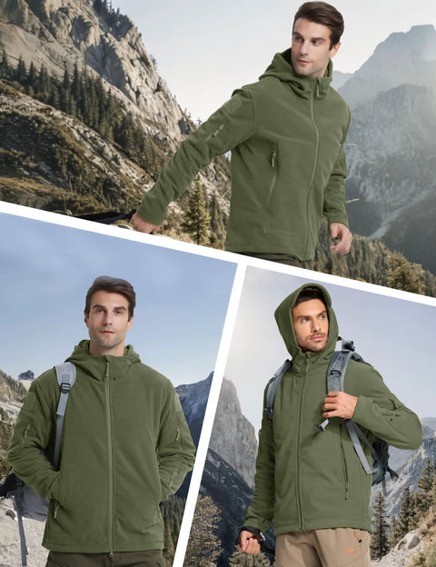 Men's Tactical Fleece Lining Jacket With Front Zip Left Zip For Hunting And Mountaineering, Army Green in outdoor setting.