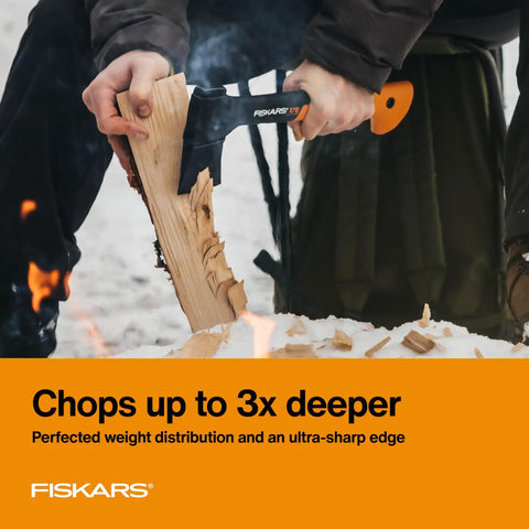 Person chopping wood with X7 Small 14 Inch Hatchet Axe With Sheath For Quick Wood Chops And Kindling Campfire Ready Outdoors Gear