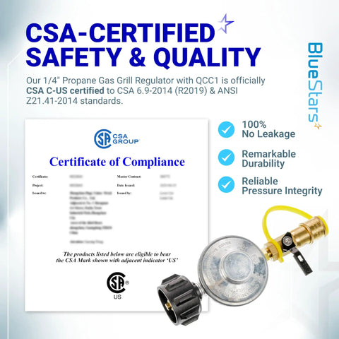 CSA-certified propane quick connect adapter for gas grills and heaters with QCC1 Type-1 connector and 3/8 female flare fitting.