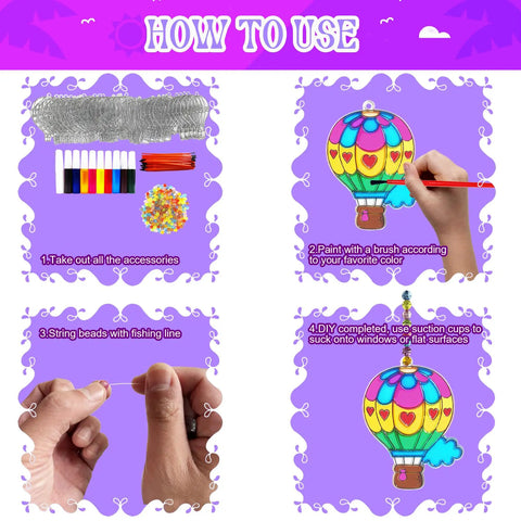 "30 Set Hot Air Balloon Sun Catcher Craft Kit For DIY Window Art Easy Setup Family Fun Kid Friendly With 19 Rainbow Paints, 30 Brushes, 300 Beads, Fishing Line And Suction Cups usage instructions"