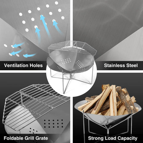 Portable 20 Inch Stainless Steel Wood Burning Fire Pit With Folding Grill And Carry Bag with ventilation and grill features.