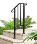 Tough As Nails 2 Step Handrails For Outdoor Porches Heavy Duty Wrought Iron Safety Railing near stone steps with greenery.