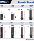 Close-up view showing sizes and dimensions of lug nut key set 16 piece SAE and metric wheel lock removal tool kit in CrMo steel.
