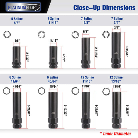 Close-up view showing sizes and dimensions of lug nut key set 16 piece SAE and metric wheel lock removal tool kit in CrMo steel.