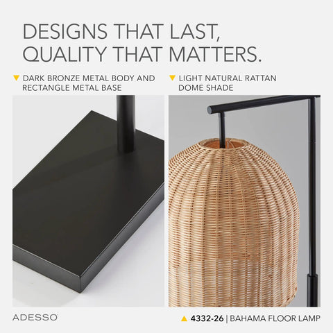 Coastal Modern Floor Lamp With Dark Bronze Base And Rattan Lampshade, showcasing dark bronze base and rattan shade detail.