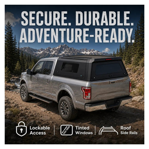 Lockable Truck Bed Cap For Dodge Ram 1500 2020 To 2026 With 6.4 Foot Bed on silver truck in outdoor setting with mountains.