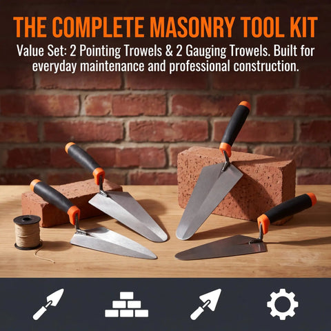 4 Pack Pro Grade Masonry Hand Tools Set With 6 Inch Pointing Trowels And 9 Inch Gauging Trowels Carbon Steel Brick Trowels Displayed