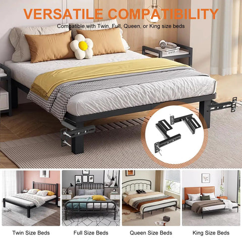 Image of Heavy Duty Adjustable Headboard Bracket Kit In Sleek Black Metal on a Twin, Full, Queen, King bed frame setup.