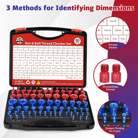 80 Piece Nut And Bolt Thread Checker Set in foam case with red and blue aluminum SAE and metric thread gauges