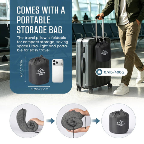 Big Hooded Travel Pillow With Memory Foam For Long Flights And Road Trips, Privacy Shield packed in portable storage bag.