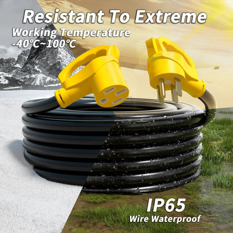 3 Ft 50 Amp Nema 14-50 Rv Extension Cord For Ev Charging, heavy duty STW power cable with yellow connectors, IP65 waterproof.