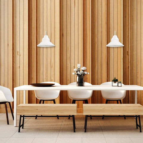 Dining room with Novogratz X Globe Maxwell 11 Inch Outdoor Wall Sconce Matte White Weatherproof Modern Farmhouse Lighting above table.