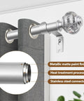 Close-up of Telescoping Curtain Rod Set 32 To 58 Inches Adjustable 7 Eighth Inch Drape Rod with silver finish and translucent finial