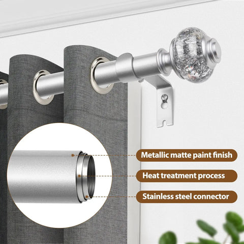 Close-up of Telescoping Curtain Rod Set 32 To 58 Inches Adjustable 7 Eighth Inch Drape Rod with silver finish and translucent finial